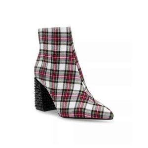 New Betsey Johnson White Red Plaid Kassie Beaded Heel Bootie
